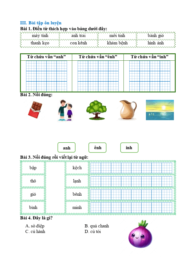 Bài tập hàng ngày Tiếng Việt lớp 1 Bài 57: anh, ênh, inh | Kết nối tri thức