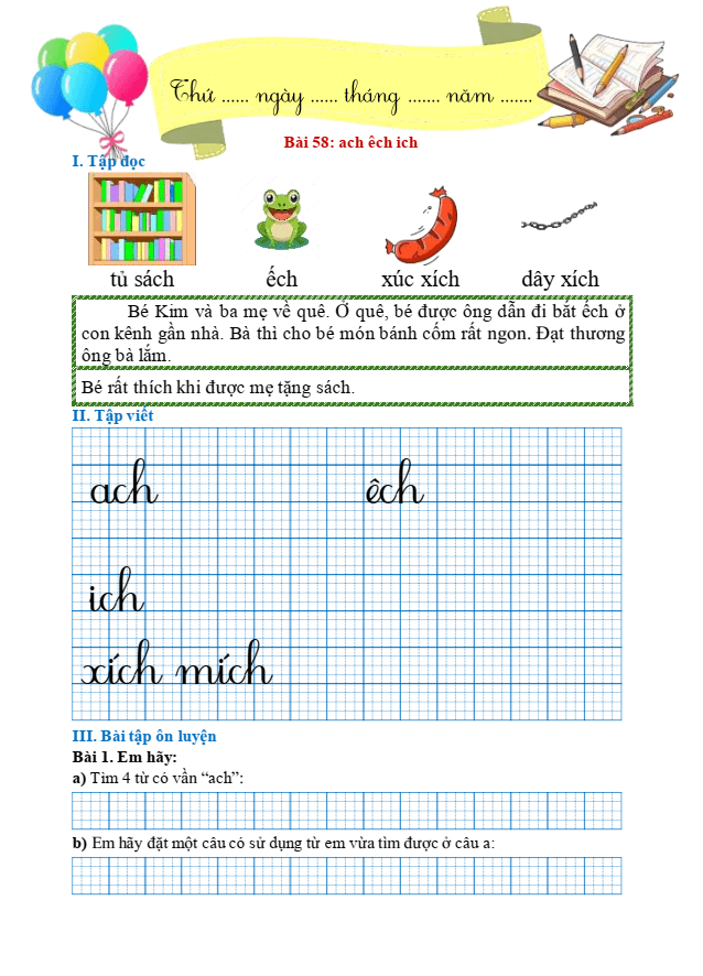 Bài tập hàng ngày Tiếng Việt lớp 1 Bài 58: ach, êch, ich | Kết nối tri thức