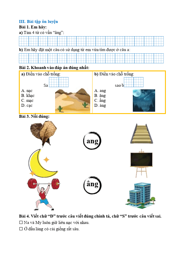 Bài tập hàng ngày Tiếng Việt lớp 1 Bài 59: ang, ăng, âng | Kết nối tri thức