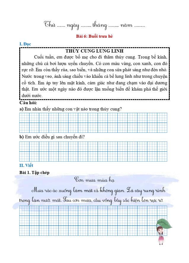 Bài tập hàng ngày Tiếng Việt lớp 1 Bài 6: Buổi trưa hè | Kết nối tri thức