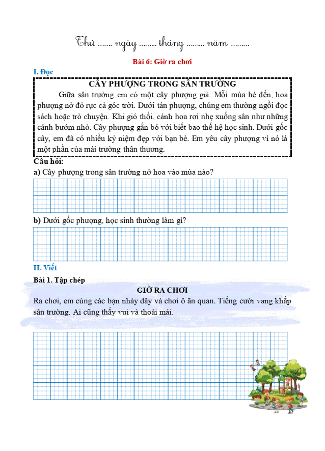 Bài tập hàng ngày Tiếng Việt lớp 1 Bài 6: Giờ ra chơi | Kết nối tri thức