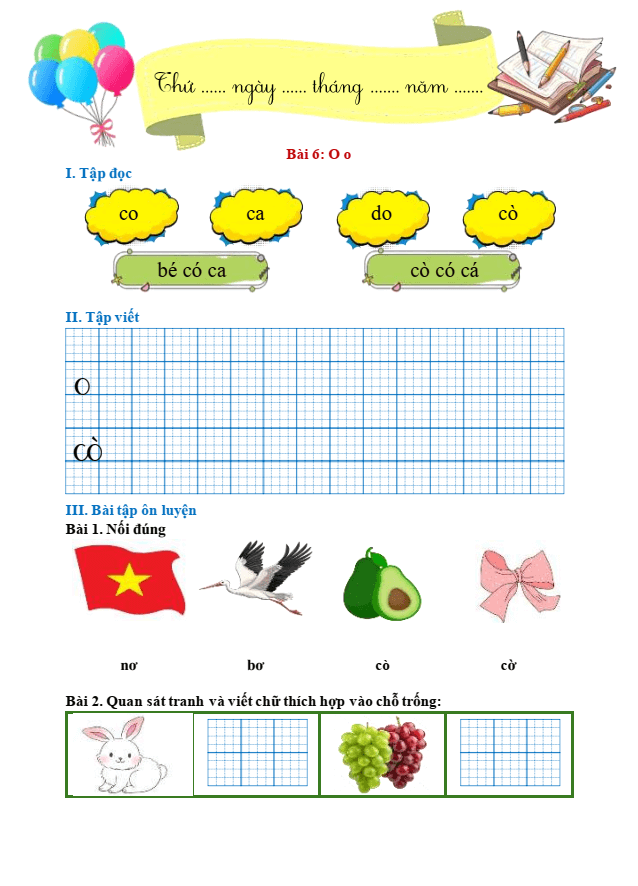 Bài tập hàng ngày Tiếng Việt lớp 1 Bài 6: O, o | Kết nối tri thức