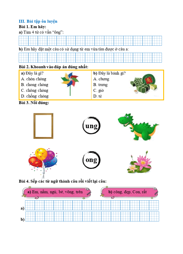 Bài tập hàng ngày Tiếng Việt lớp 1 Bài 61: ong, ông, ung, ưng | Kết nối tri thức