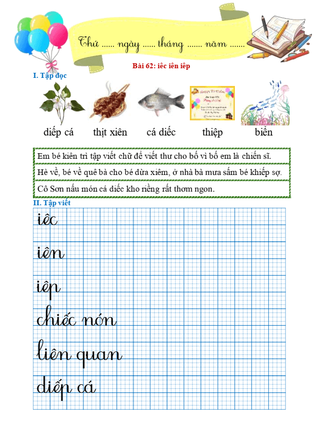 Bài tập hàng ngày Tiếng Việt lớp 1 Bài 62: iêc, iên, iêp | Kết nối tri thức