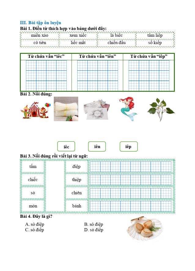 Bài tập hàng ngày Tiếng Việt lớp 1 Bài 62: iêc, iên, iêp | Kết nối tri thức