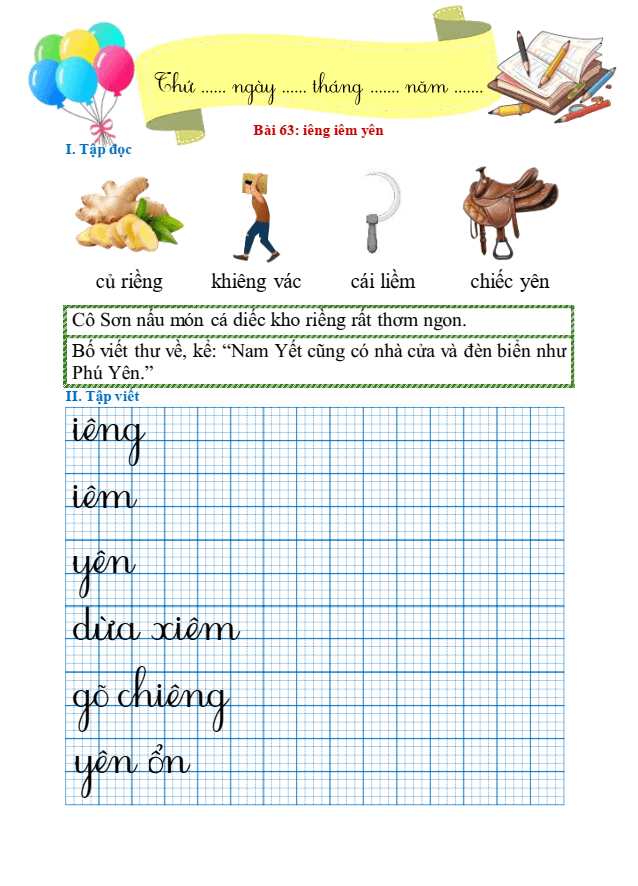 Bài tập hàng ngày Tiếng Việt lớp 1 Bài 63: iêng, iêm, yên | Kết nối tri thức