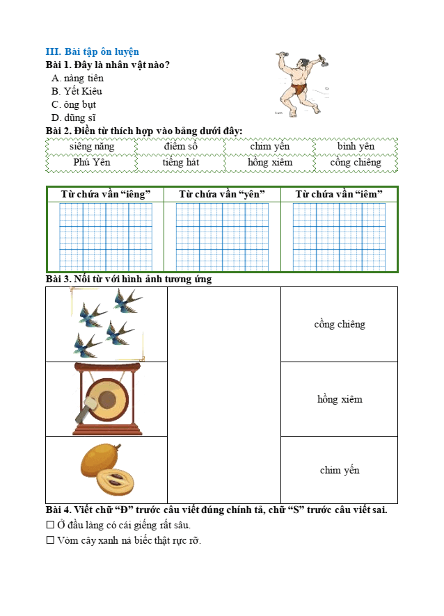 Bài tập hàng ngày Tiếng Việt lớp 1 Bài 63: iêng, iêm, yên | Kết nối tri thức
