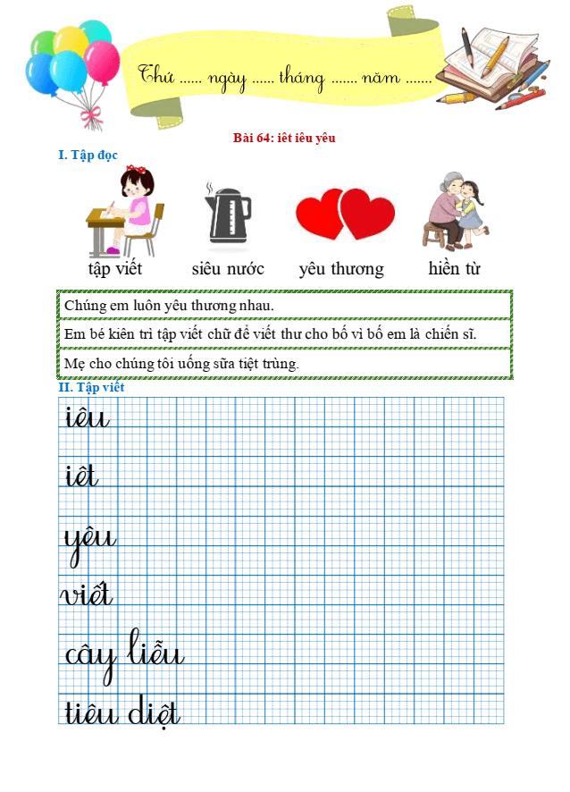 Bài tập hàng ngày Tiếng Việt lớp 1 Bài 64: iêt, iêu, yêu | Kết nối tri thức