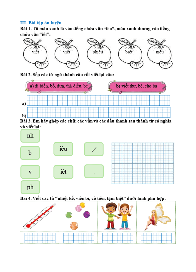 Bài tập hàng ngày Tiếng Việt lớp 1 Bài 64: iêt, iêu, yêu | Kết nối tri thức