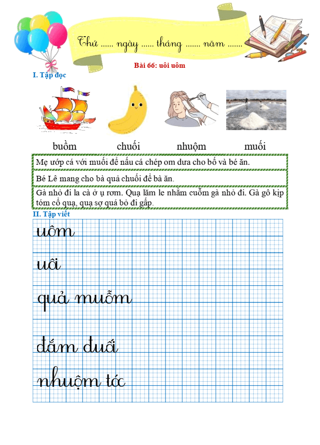 Bài tập hàng ngày Tiếng Việt lớp 1 Bài 66: uôi, uôm | Kết nối tri thức