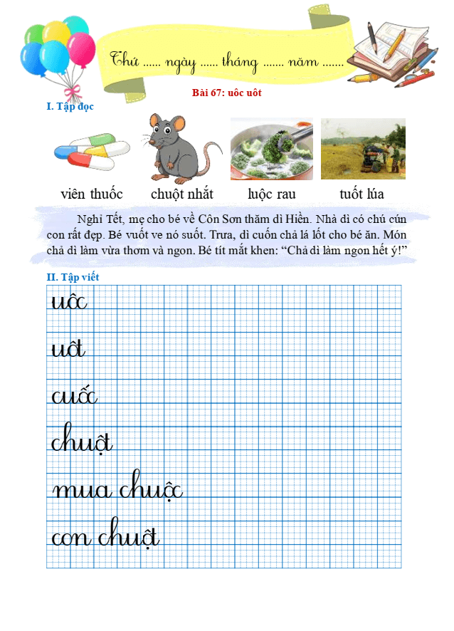 Bài tập hàng ngày Tiếng Việt lớp 1 Bài 67: uôc, uôt | Kết nối tri thức