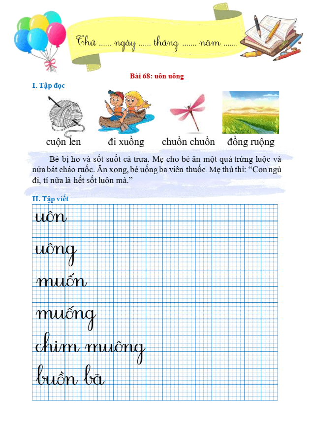Bài tập hàng ngày Tiếng Việt lớp 1 Bài 68: uôn, uông | Kết nối tri thức