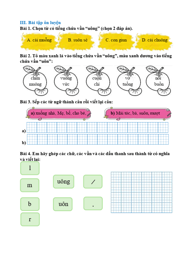 Bài tập hàng ngày Tiếng Việt lớp 1 Bài 68: uôn, uông | Kết nối tri thức