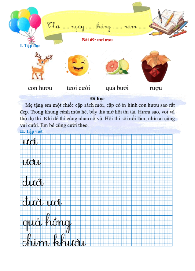 Bài tập hàng ngày Tiếng Việt lớp 1 Bài 69: ươi, ươu | Kết nối tri thức