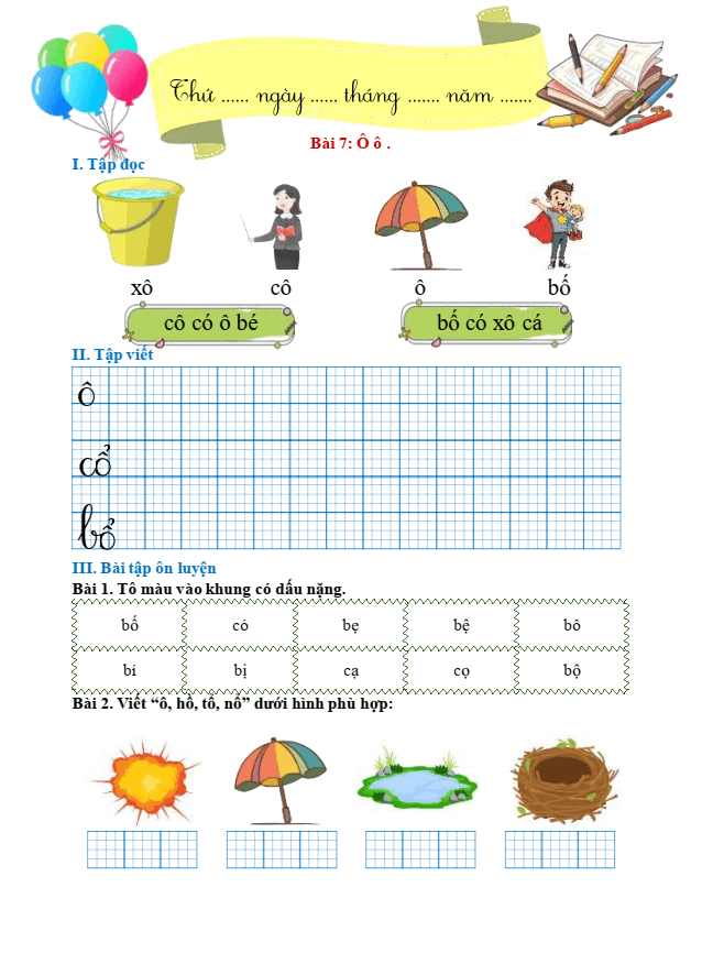 Bài tập hàng ngày Tiếng Việt lớp 1 Bài 7: Ô, ô, dấu nặng | Kết nối tri thức