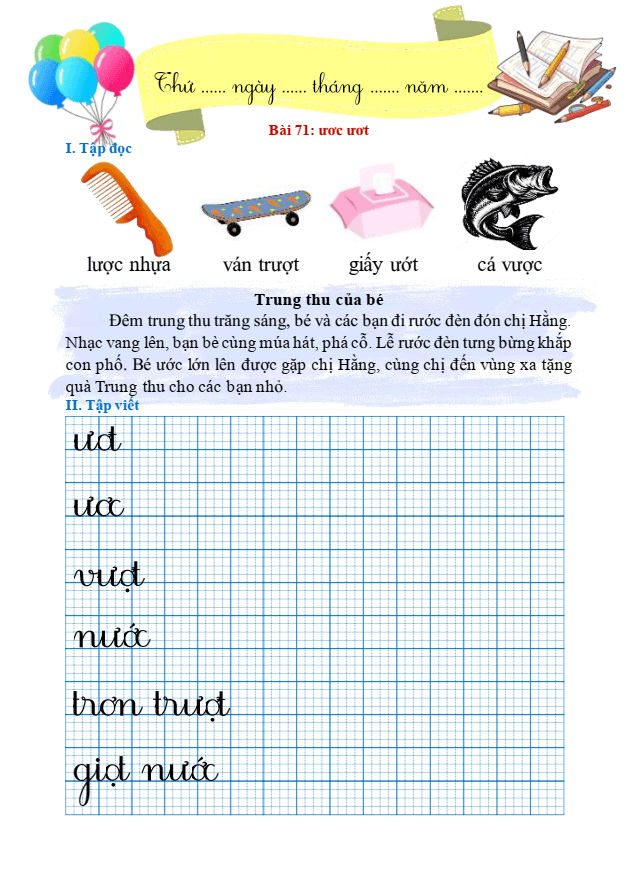 Bài tập hàng ngày Tiếng Việt lớp 1 Bài 71: ươc, ươt | Kết nối tri thức