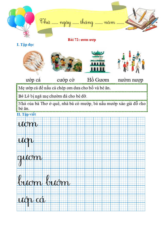 Bài tập hàng ngày Tiếng Việt lớp 1 Bài 72: ươm, ươp | Kết nối tri thức