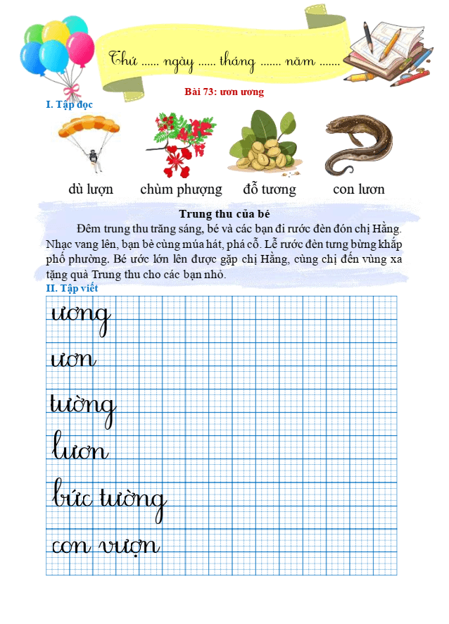 Bài tập hàng ngày Tiếng Việt lớp 1 Bài 73: ươn, ương | Kết nối tri thức