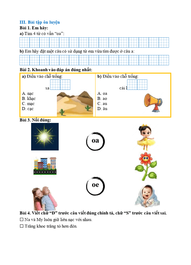 Bài tập hàng ngày Tiếng Việt lớp 1 Bài 74: oa, oe | Kết nối tri thức