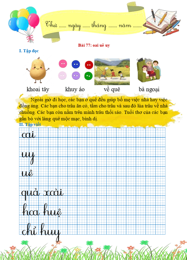 Bài tập hàng ngày Tiếng Việt lớp 1 Bài 77: oai, uê, uy | Kết nối tri thức