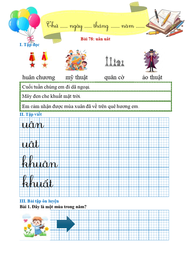 Bài tập hàng ngày Tiếng Việt lớp 1 Bài 78: uân , uât | Kết nối tri thức