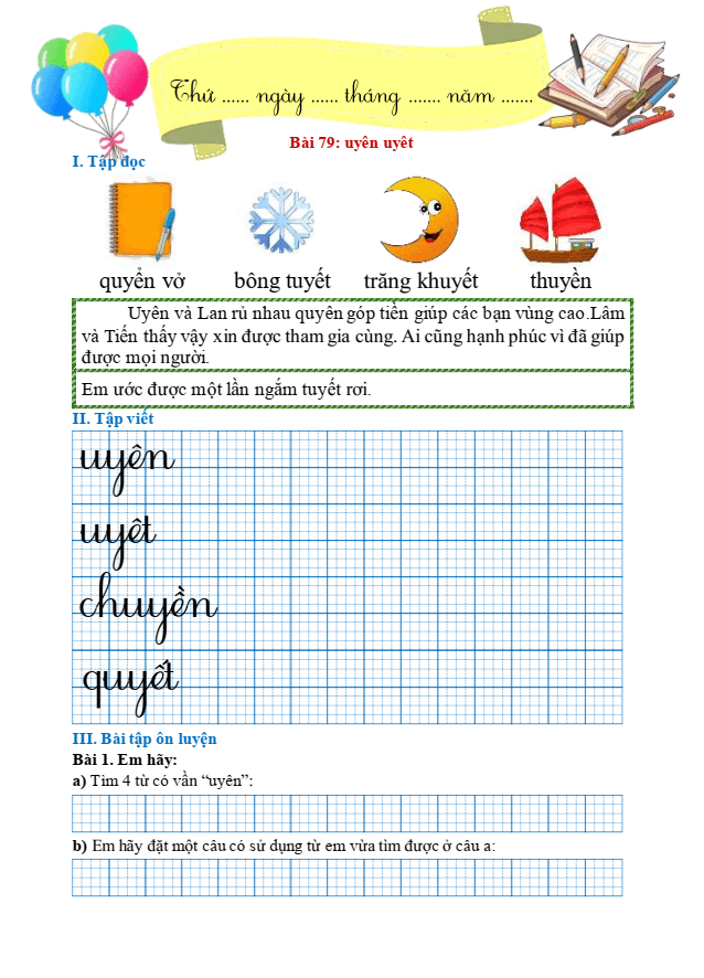 Bài tập hàng ngày Tiếng Việt lớp 1 Bài 79: uyên, uyêt | Kết nối tri thức