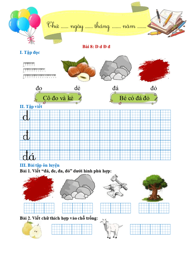 Bài tập hàng ngày Tiếng Việt lớp 1 Bài 8: D, d, Đ, đ | Kết nối tri thức