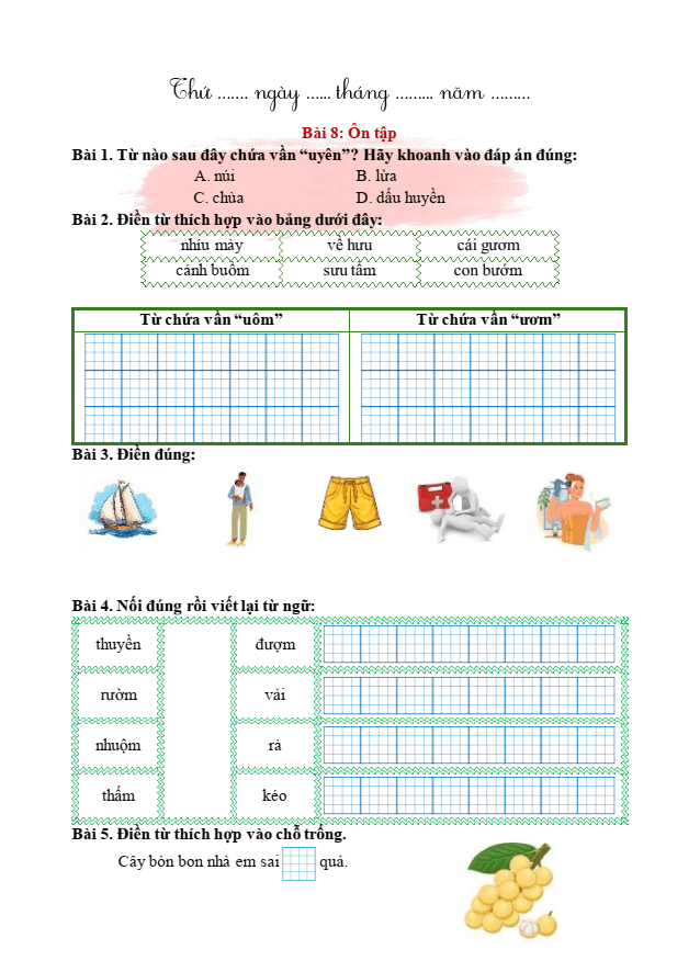 Bài tập hàng ngày Tiếng Việt lớp 1 Bài 8: Ôn tập trang 142 | Kết nối tri thức