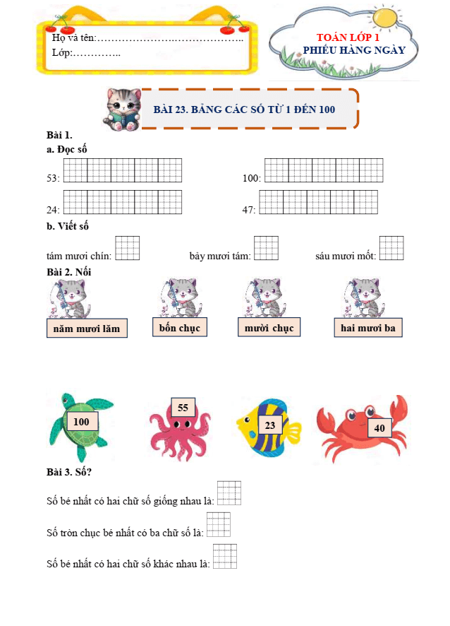 Bài tập hàng ngày Toán lớp 1 Chân trời Bảng các số từ 1 đến 100
