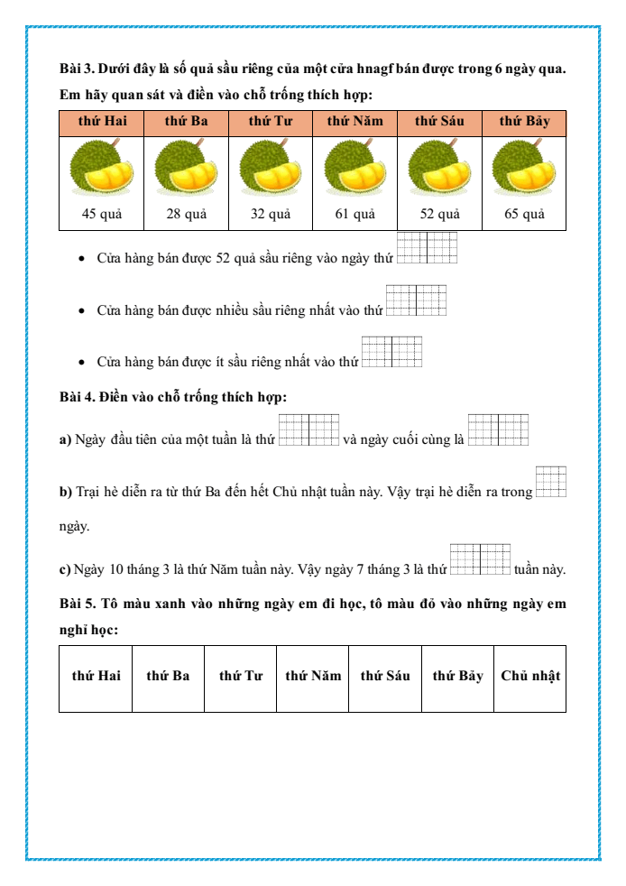 Bài tập hàng ngày Toán lớp 1 Chân trời Các ngày trong tuần