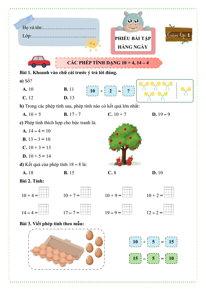 Bài tập hàng ngày Toán lớp 1 Chân trời Các phép tính dạng 10 + 4, 14 - 4