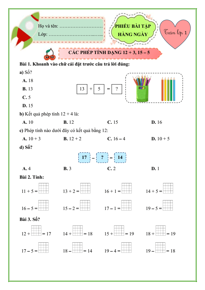 Bài tập hàng ngày Toán lớp 1 Chân trời Các phép tính dạng 12 + 3, 15 - 3