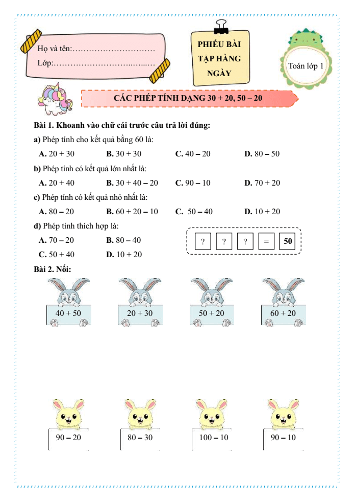 Bài tập hàng ngày Toán lớp 1 Chân trời Các phép tính dạng 30 + 20, 50 - 20