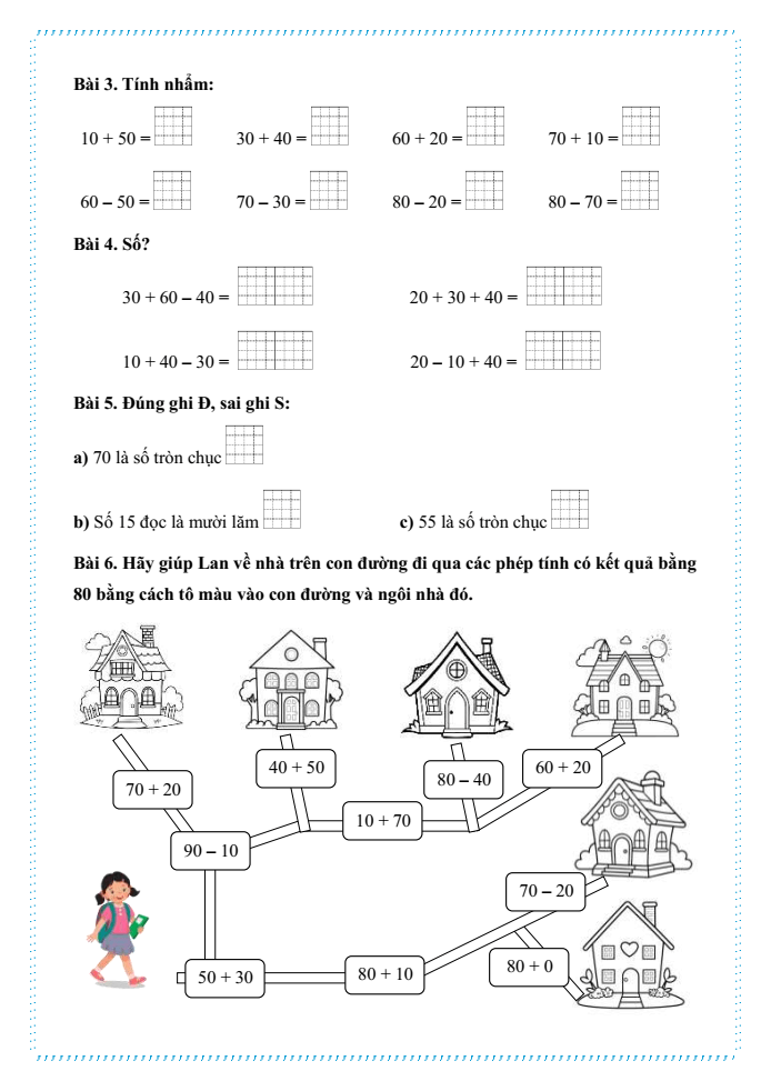 Bài tập hàng ngày Toán lớp 1 Chân trời Các phép tính dạng 30 + 20, 50 - 20