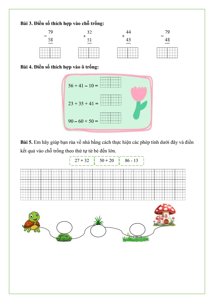 Bài tập hàng ngày Toán lớp 1 Chân trời Các phép tính dạng 34 + 23, 57 - 23
