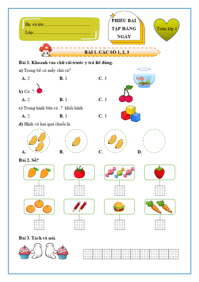 Bài tập hàng ngày Toán lớp 1 Chân trời Các số 1, 2, 3