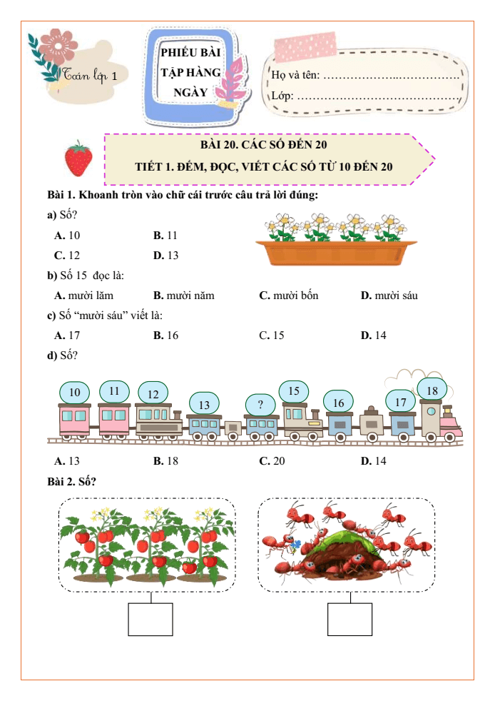 Bài tập hàng ngày Toán lớp 1 Chân trời Các số đến 20