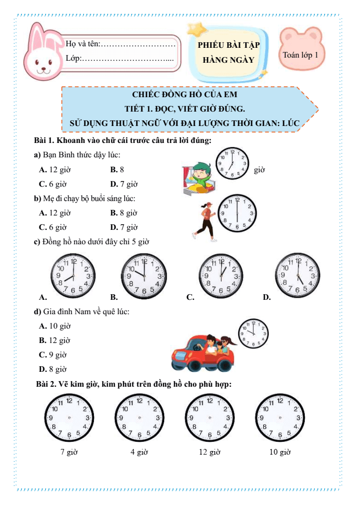 Bài tập hàng ngày Toán lớp 1 Chân trời Chiếc đồng hồ của em