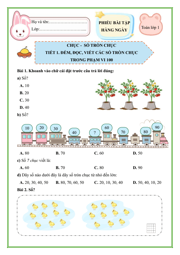 Bài tập hàng ngày Toán lớp 1 Chân trời Chục - Số tròn chục