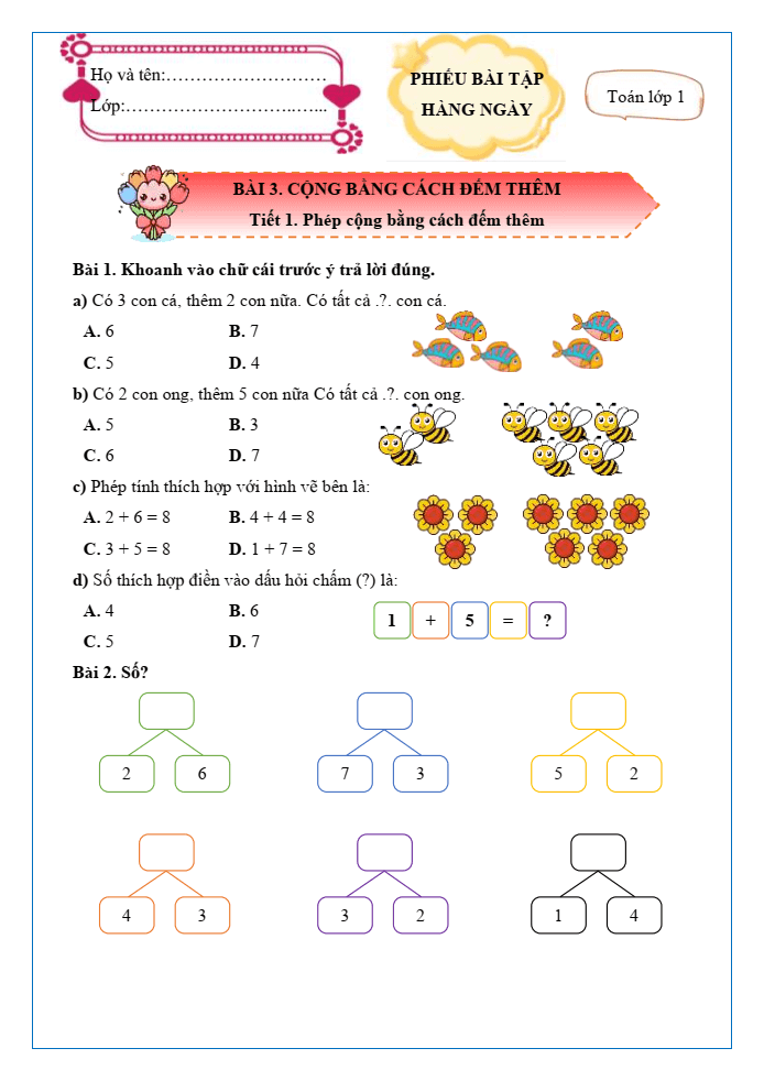 Bài tập hàng ngày Toán lớp 1 Chân trời Cộng bằng cách đếm thêm