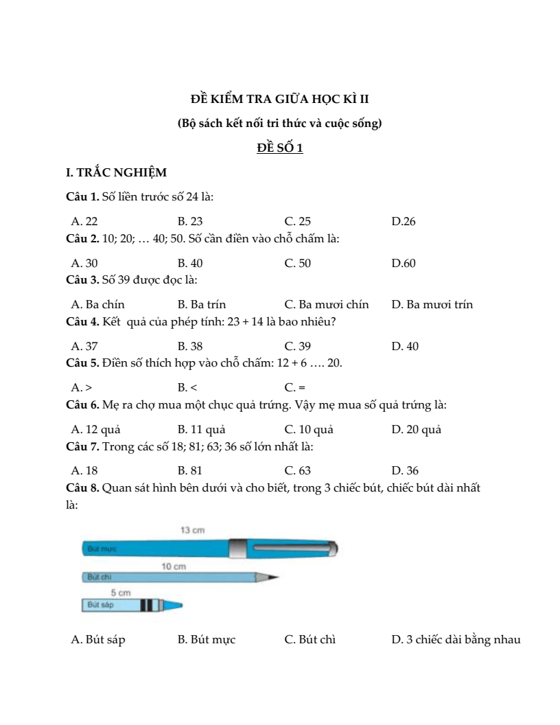 20+ Đề thi Toán lớp 1 Giữa kì 2 Kết nối tri thức 2026 (tải nhiều)