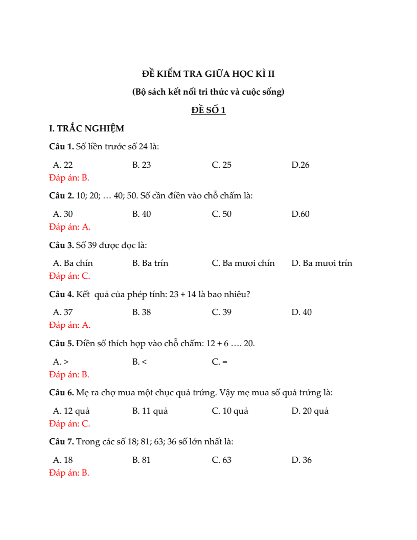 20+ Đề thi Toán lớp 1 Giữa kì 2 Kết nối tri thức 2026 (tải nhiều)