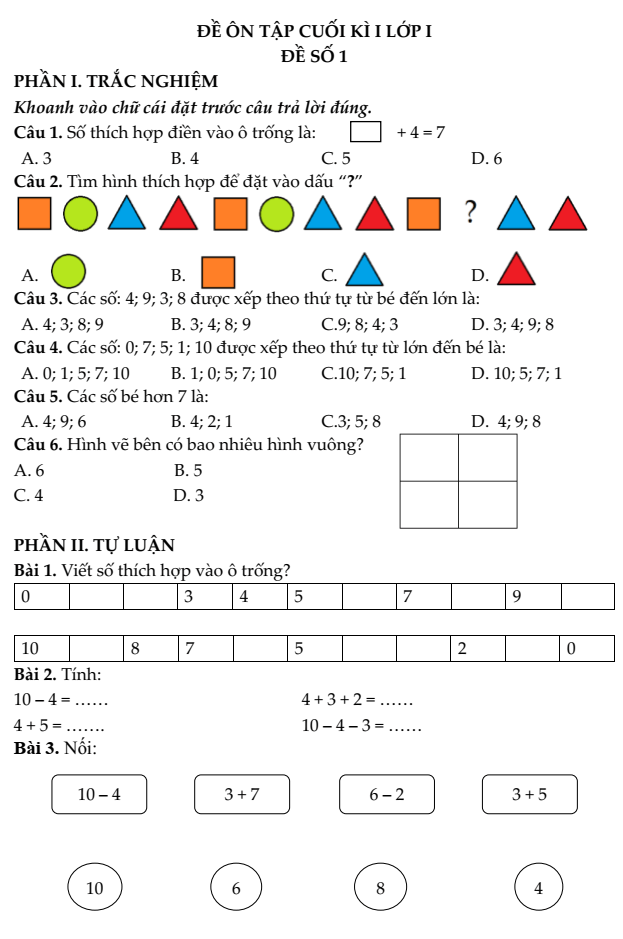 24+ Đề thi Toán lớp 1 Cuối Học kì 1 Kết nối tri thức năm 2025 tải nhiều nhất