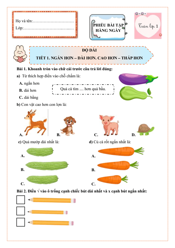 Bài tập hàng ngày Toán lớp 1 Chân trời Độ dài