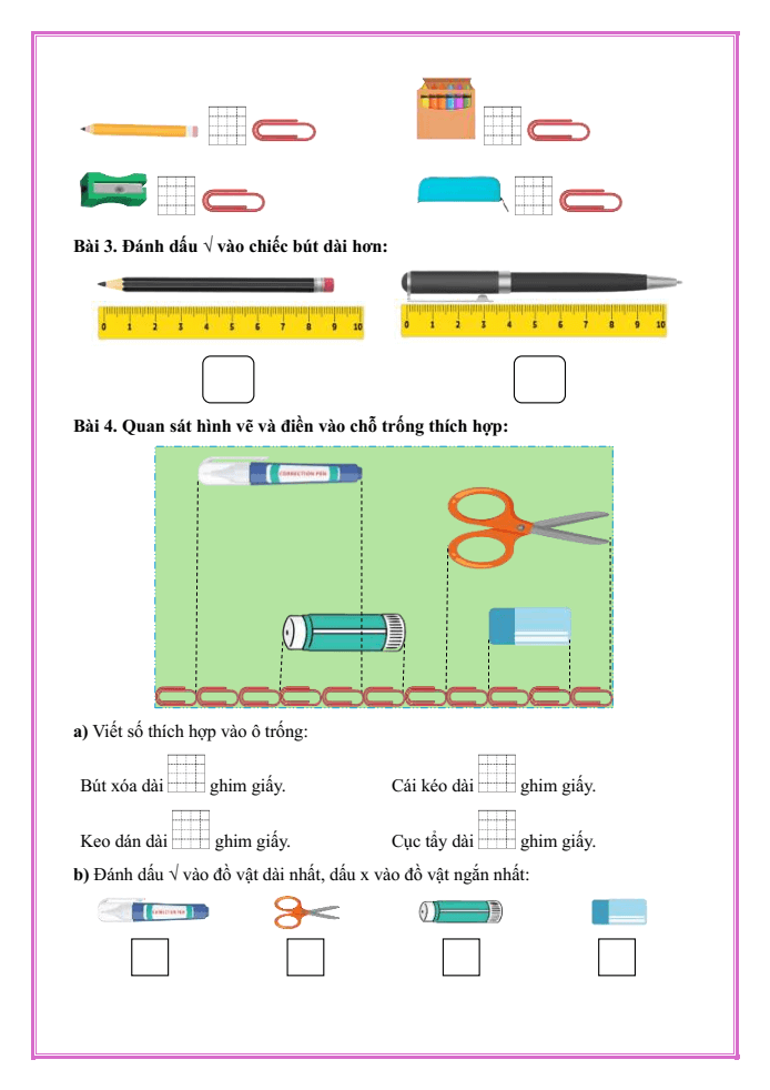 Bài tập hàng ngày Toán lớp 1 Chân trời Đo độ dài