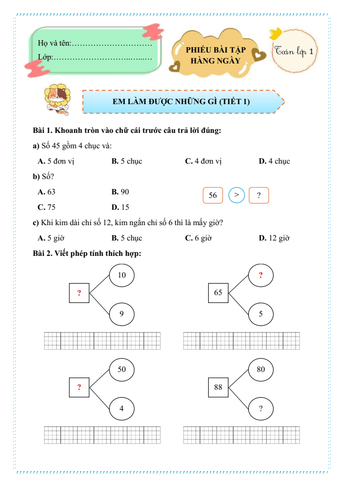 Bài tập hàng ngày Toán lớp 1 Chân trời Em làm được những gì trang 123