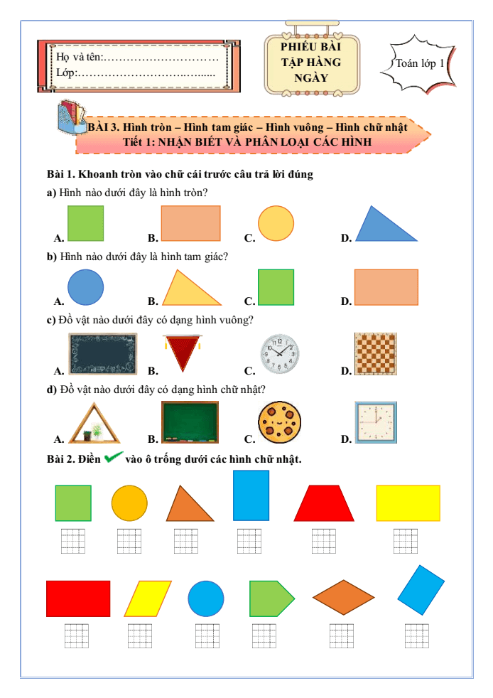 Bài tập hàng ngày Toán lớp 1 Chân trời Hình tròn - Hình tam giác - Hình vuông - Hình chữ nhật