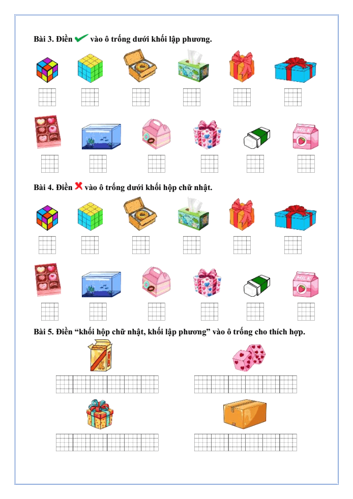 Bài tập hàng ngày Toán lớp 1 Chân trời Khối hộp chữ nhật - Khối lập phương