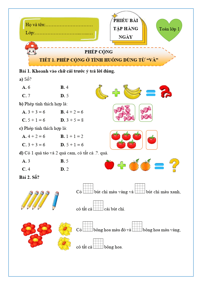 Bài tập hàng ngày Toán lớp 1 Chân trời Phép cộng