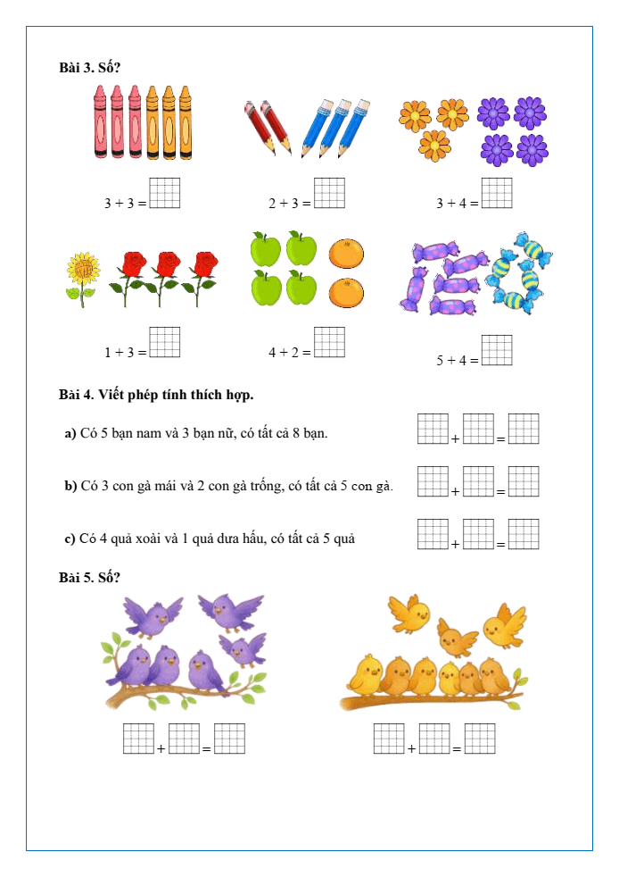 Bài tập hàng ngày Toán lớp 1 Chân trời Phép cộng